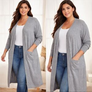 Torrid Size 3 Gray Open Front Long Knit Cardigan Duster Pockets Plus Sweater